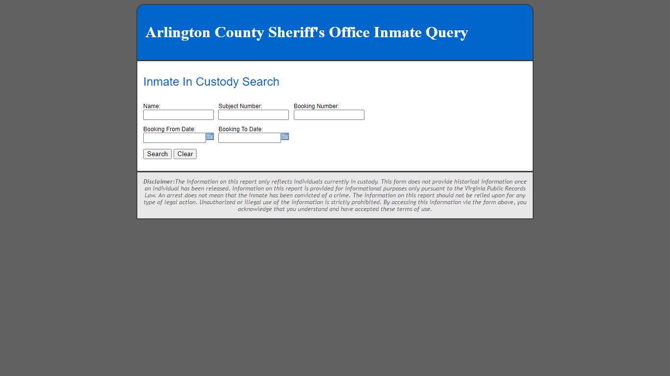 Inmate In Custody Search - Arlington County, Virginia